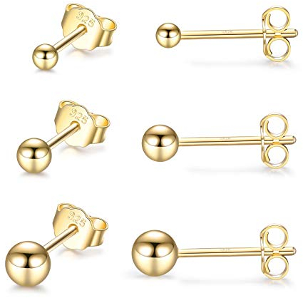 LYTOPTOP Sterling Silver Stud Earrings for Women Girls Men- 3 Pairs Tiny Gold Ball Stud Earrings Set Cartilage Small Tragus Earrings Nose Lip Rings(2mm,3mm,4mm)