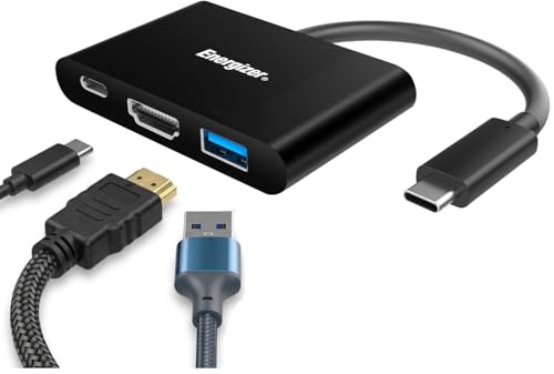Energizer Hub USB-C 3-en-1 – Adaptateur Multiport USB-C vers USB-A 3.0, HDMI & USB-C – Transfert Rapide 5 Gbps – Plug & Play, Ultra Compact – Noir