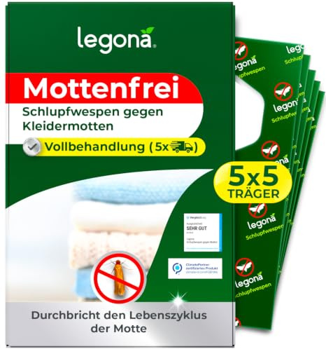 Legona Schlupfwespen gegen Kleidermotten, 5 Träger, 5 Lieferungen | 15 Wochen Komplettkur gegen Motten in Kleiderschrank, Schubladen, Wollkleidung und Textilien