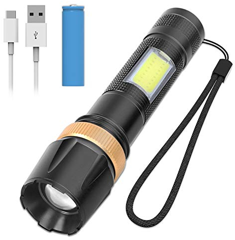 USB Rechargeable Torch Super Bright, Tactical LED Flashlight Powerful With COB Lights, Adjustable Focus Handheld LED Torch for Outdoor Sports And Emergency Use, Li-Battry Include