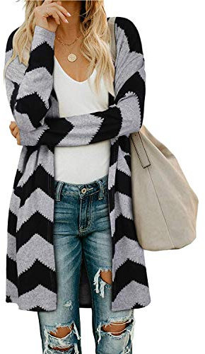 OUGES Women's Boho Colour Block Open Front Cardigan with Pockets Long Sleeve Casual Lightweight Ladies Cardigan(Color01,L)
