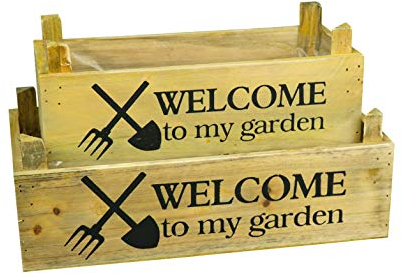 HRB 2er Set Blumenkästen Pflanzen eckig Vintage, Töpfe Set mit Innenfolie ideal als Kräutergarten, Holzkisten für die Anzucht von Blumen, Blumentopf mit hübscher Aufschrift