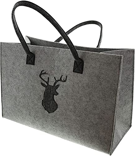 Dekoleidenschaft Handtasche aus Filz mit Motiv Hirsch, grau, stehend, Handtasche, Tragetasche, Damentasche 45x20x30 cm, Filztasche, Einkaufstasche, Umhängetasche groß