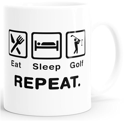 MoonWorks® Kaffee-Tasse mit Spruch Eat Sleep Repeat Mega Mix Bürotasse lustige Geschenke Kaffeebecher Golf weiß Keramik-Tasse