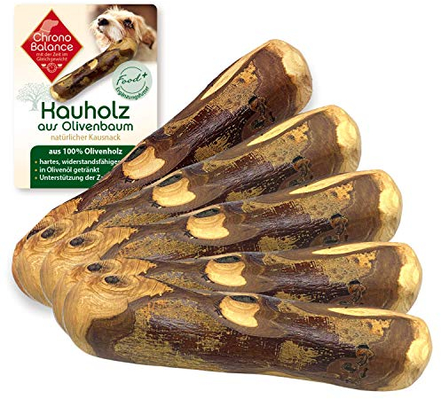 ChronoBalance® Kauspielzeug S (5er Set) aus Olivenholz für Hunde: Kauholz als Leckerlie, langlebiger Kauknochen zur natürlichen Zahnpflege in Olivenöl getränkt, Zahnhygiene Kaustab sicher, robust