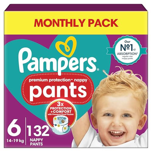 Pampers Premium Protection Nappy Pants Size 6, 132 Nappies, 13kg-19kg, Monthly Pack + Pampers Harmonie Aqua Baby Wipes 1 pack of 10 Wipes