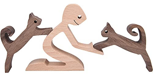 KINGNOW Katzenfiguren, Heimdekoration, Naturholz, geschnitzt, ein Mann, zwei Katzen, Skulptur