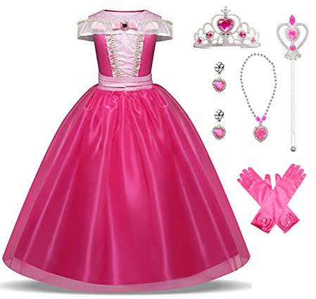 Hamanasu Robe Princesse Fille Deguisement Aurore Fille Costume de la Belle au Bois Dormant avec Accessoires Anniversaire Fête Halloween Noël Partie Cosplay Robe de Soirée（Rouge rosé01，3-4Ans/110）