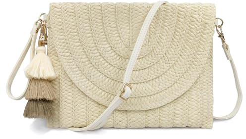 Aovtero Straw Clutch Purse Women Crossbody Bag Summer Beach Shoulder Bags Envelope Wallet Handbags, Beige, L