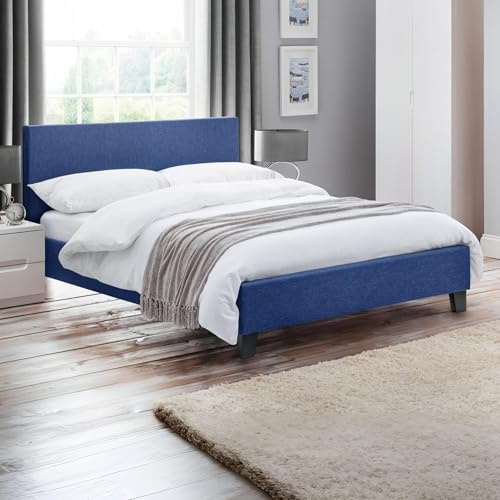 Julian Bowen Rialto Bed, King, Linen-Effect, Blue - W165 x D210cm | Upholstered Bed Frame, 150cm/5ft, No Box Spring Needed, Solid Hardwood Frame, Minimalist Design