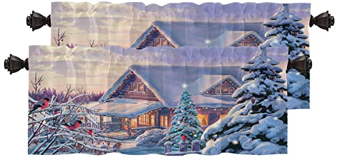 BaoNews Weihnachts-Winter-Küchenvolant für Fenster, Winterlandschaft mit Weihnachts-Tannenbaum, Verdunkelungsvolants, mehrschichtig, Polyester-Vorhänge für Küche, Schlafzimmer, 2 Stück, 132 x 40 cm