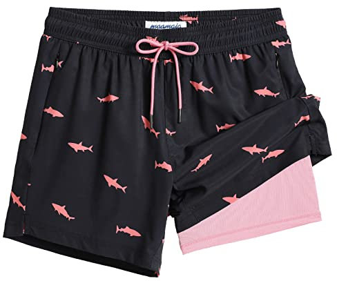 MaaMgic Maillot de Bain pour Hommes avec Compression Short de Bain 2 en 1 | 5.5 Séchage Rapide Short de Natation décontracté Boardshorts avec Pantalon intérieur et Poche,Requin Rose Noir,XS