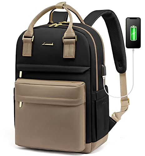 LOVEVOOK Rucksack Damen, 15,6 Zoll Laptop Rucksack Schulrucksack Mädchen Teenager mit Laptopfach, Wasserdichter Schultasche Daypack für Schule Uni Reisen Arbeit, Khaki Schwarz