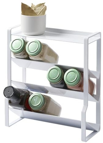 Yamazaki Home Tower Gewürzregal mit 4 Ebenen, schmal, großes Fassungsvermögen, abgewinkelte Regale, flache obere Ebene, ideal für Arbeitsplatten und Herdseiten, Stahl