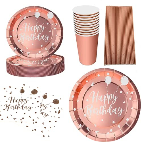 AHPYEUHK Assiette Jetable Anniversaire 125 Vaisselle Jetable Dessert Assiettes Carton Kit Assiette en Papier Gobelet en Papier Serviette Paille Pour Fête Anniversaire Baby Shower (Or rose)