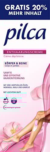 pilca Enthaarungscreme 'Körper', 150 ml Tube, sanfte Haarentfernung für Beine, Arme, Achseln und Bikinizone, Creme mit Moringa-, Amla- & Kamelien-Öl, inkl. Präzisionsspatel, vegan & ohne Mikroplastik