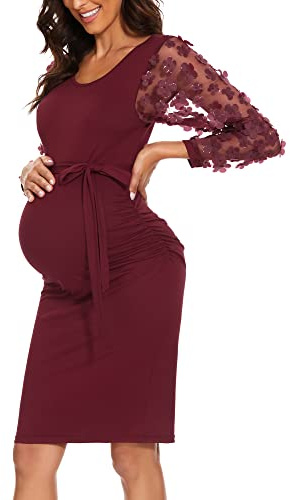 Robe midi de maternité à manches longues en maille florale pour fête prénatale, mariage, séance photo, rouge vin, Taille XL