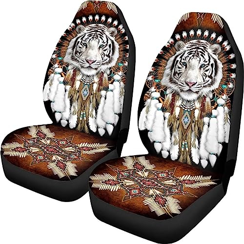 Xoenoiee Indian Tribe White Tiger Print Auto Sitzbezüge Full Set von 2 Fahrzeug Protector Vordersitze Bezüge Dehnbar Waschbar Auto Zubehör Eimer Sitzbezug