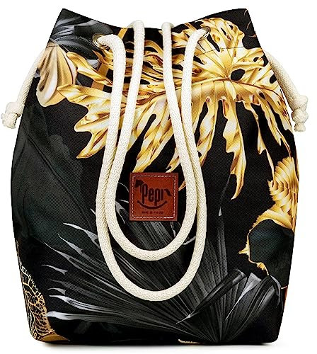 Pepi Turnbeutel Damen 24×34×15 cm – Beuteltasche aus 100% Polyester mit verstellbaren Baumwollschnüren – Stoffbeutel Rucksack/Sportbeutel – Goldene Blumen