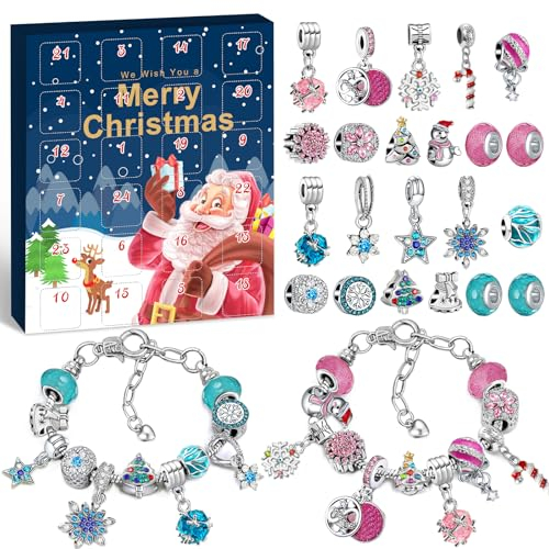 KAZATE Adventskalender 2024 Kinder Mädchen, Weihnachtskalender Schmuck, 24 Füllung Basteln Charms Armbänder Kit, Weihnachten Geschenk Teenager 6 7 8 9 10 11 12 Jahre, Blau Rosa (Rosa+Blau)