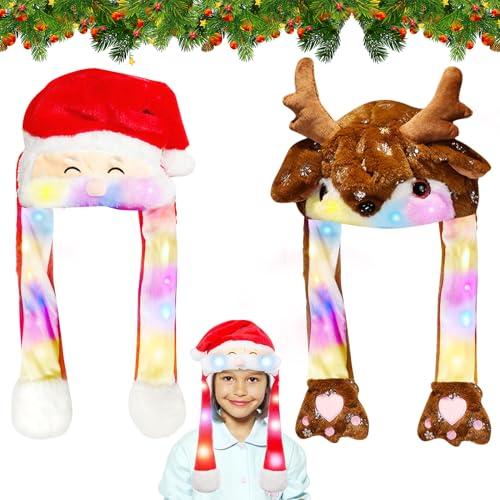 Weihnachtsmütze, Mütze mit Ohren, 2 Stück Nikolausmütze Plüsch, Weihnachtsmann Mützen, Mütze mit LED Lustiger Hut Kappe mit Beweglichen Ohren Santa Hat, Weihnachten Partyhut für Kinder und Erwachsene
