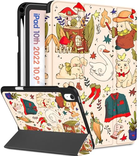 Wazzasoft for iPad A16 Case 2025 - for iPad 10th Generation Case Cute Women Girls Kids Girly Kawaii Teens Cartoon Design Pencil Holder Auto Sleep/Wake Tablet Cover for Apple 11/10 10.9 Inch