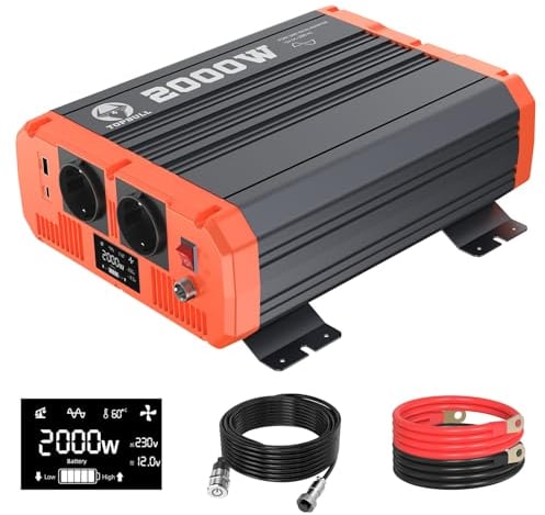 2000 Watt Wechselrichter 12v auf 230v Reiner Sinus Spannungswandler KFZ Netzvorrangschaltung mit LCD-Display und 1 USB 1 Type-C Ausgang 2AC Steckdosen Inverter für Haushaltsgeräten mit Fernsteuerung