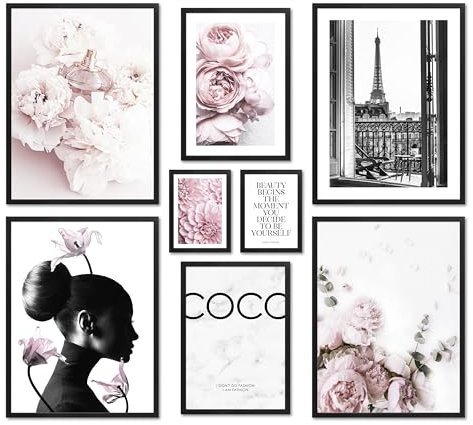 ARTFAVES® Poster Set - COCO - mehrteilige Wanddeko Wohnzimmer & Schlafzimmer - 8 moderne Wandbilder Rose, Fashion, rosa, pink, Glamour, Lifestyle, Blumen, Parfum, Mädchen - mit Rahmen Schwarz