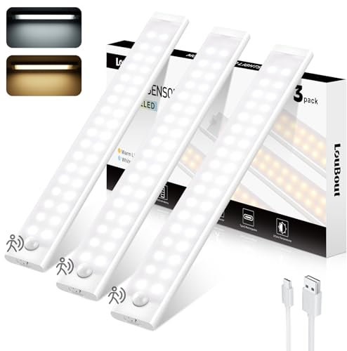Motion Sensor Lights Indoor 30cm, 72 LED 3 Pack Under Cupboard Kitchen Lights 2000mAh USB Type-C Rechargeable Stepless Dimming Cupboard Lights, 2 Color Temps Night Lights for Kitchen Wardrobe Hallway