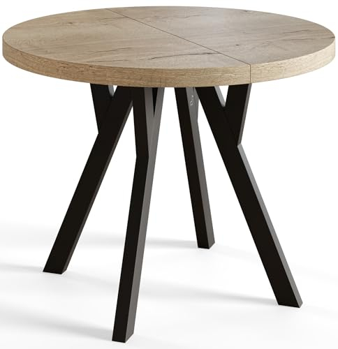 AlpiMeble Runder Esszimmertisch OVO, ausziehbarer Tisch Durchmesser: 90 cm bis 190 cm, Wohnzimmertisch Farbe: Halifax, mit Holzbeinen in Farbe Schwarz