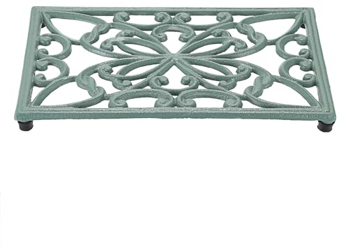 SUMTree 2pcs Rectangle Cast Iron Trivet, Decorative Heavy Duty Hot Pot Holder Mat, Vintage Butterfly Pattern Cast Iron Trivet with Rubber Pegs for Kitchen Dining Table (Green)