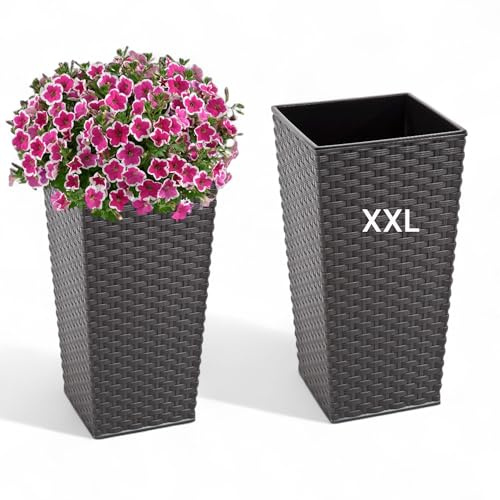 MELTOM Pflanzkübel Eckig Rattanoptik Höhe 67 cm Graphit Blumenkübel | Herausnehmbarer Einsatz 23,5 L, 58 L Volumen, 34 x 34 cm, Kunststoff, wasserdicht ohne Abflussloch