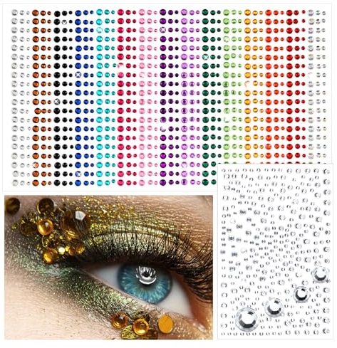 Amabro 1250 PCS bunte Gesicht Edelsteine Aufkleber, 15 Farben selbstklebend Gesicht Juwelen Stick auf Strass Aufkleber Kristall Make up Edelsteine für Frauen Festival Zubehör Nagelkunst Dekorationen