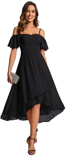 Ever-Pretty Women's Off Shoulder Short Sleeves Pleated A-Line Petite Dresses for Women Wedding Guest Burnt Black 20UK