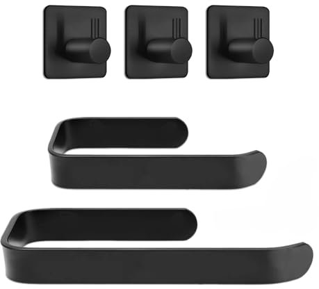 NOAXY® toalleros de baño sin Taladro, 5 PCS Accesorios baño sin Taladro, portarrollos Papel higienico, colgadores Adhesivos Resistentes, Colgador Toalla baño, toallero Adhesivo baño, Negro