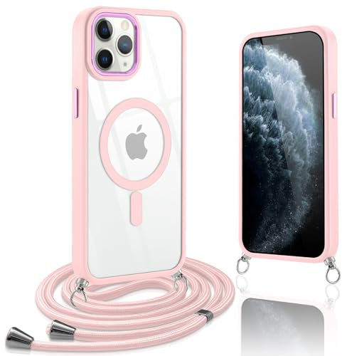 Oelrstfe Coque Magnétique pour iPhone 11 Pro Max avec Cordon de Collier,Étui Housse Transparent Silicone avec Portable Lanyard Réglable,Antichoc Anti-Chute Bandoulière Lanière Protection Case,Rose
