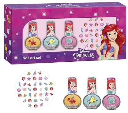 Princess Ariel Mermaid Nail Art Set for Kids - 3 Nail Polishes (Pink, Teal, Yellow) & Ariel Nail Stickers