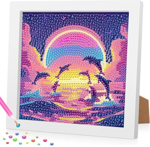 Diamond Painting Kinder mit Rahmen, 5D Delfin Diamant Painting Bilder Kinder, DlY Cartoon Diamond Painting Set, Geeignet für dieMobeldekoration 18x18cm