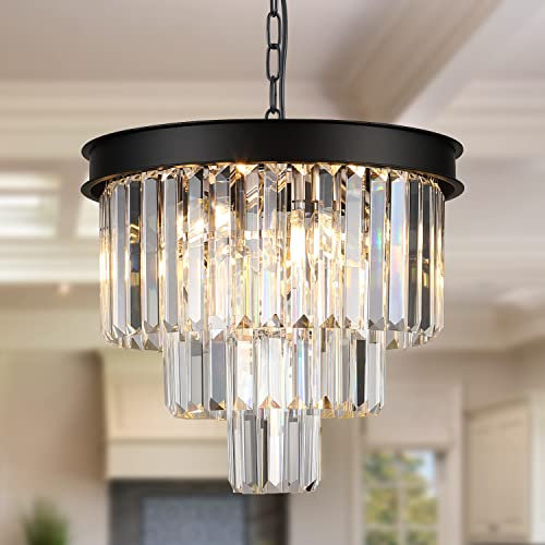 Candelabros de cristal modernos 16”/40 cm Lámpara colgante de techo negra Lámparas de montaje empotrado regulables de 3 niveles Gota de lluvia redonda para sala de estar Comed