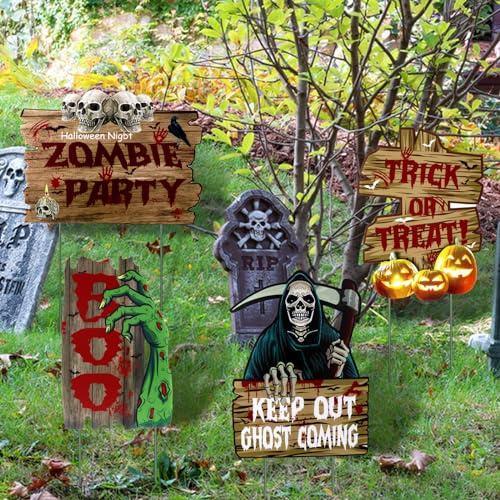 Lot de 4 panneaux de décoration pour Halloween - Panneaux de jardin imperméables - Accessoires d'horreur pour Halloween - Pour décoration extérieure