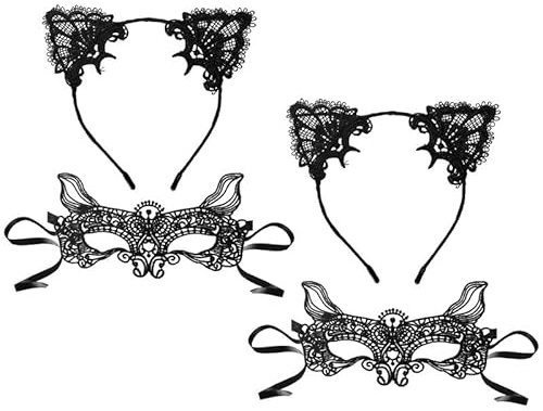 FUIPVGI 4 Stück Katzenohren Stirnband Katzenmaske Damen maske und katzenohren haarreif Set Katze Ohren Stirnband Katzenaugenmaske Spitze Augenmaske für Cosplay Halloween (Schwarz)