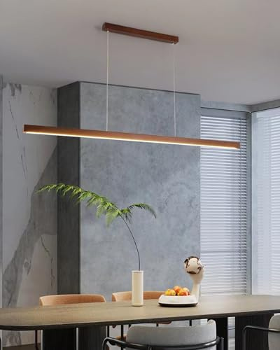 Lineare Hängelampe mit Fernbedienung, LED Pendelleuchte esstisch holz Dimmbar, Linear Design Hängeleuchte Esstisch lampe, höhenverstellbar Kronleuchter für Esszimmer Küche Büro Lampe (tief, 80cm)