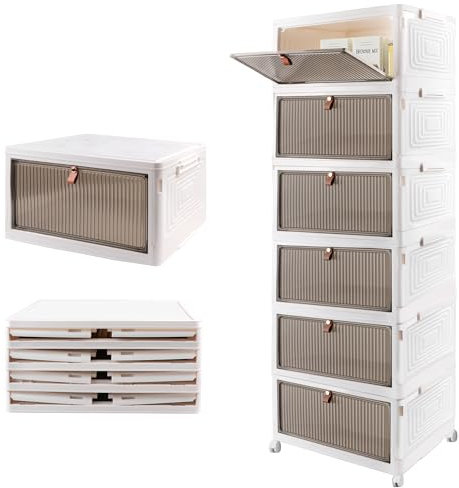 Lacusmall 23L 6 Layers Aufbewahrungsbox mit Deckel Groß, Stapelbare Aufbewahrungsboxen Plastikbox, Faltbare Aufbewahrungsboxen mit Rädern für Haus und Büro Organisation und Lagerung(Weiß, 6 Layers)