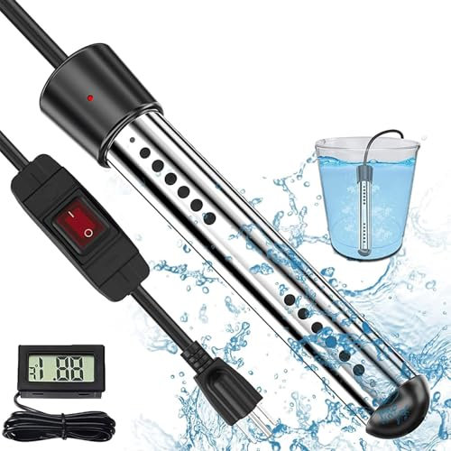 FAcoLL 1500W Electric Immersion Water Heater, Submersible Water Heater with 304 Stainless Steel Cover and Thermostat, Auto Shutoff, Heats 5 Gallons Water in Minutes