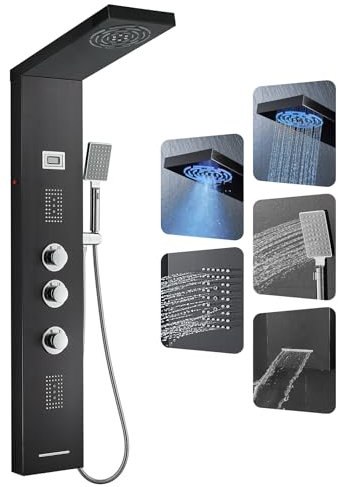 Duschpaneel LED, OUGOO 6 Funktionen Duschpaneel mit Armatur, Temperaturanzeige, Regendusche, Nebeldusche, 2 Modi Massagedüsen, Handbrause und Wanneneinlauf, Edelstahl Duschpaneele Komplett, Schwarz