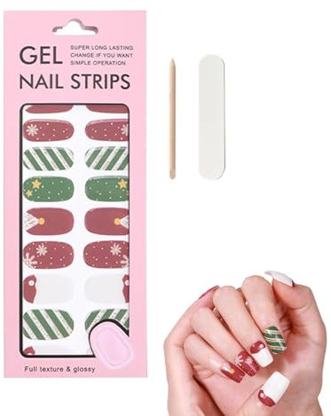 Tiras de esmalte de uñas de gel, envolturas de uñas de gel | Tiras de uñas autoadhesivas navideñas sin hornear - Tiras de uñas de gel de larga duración para citas, escuela, trabajo, vida diaria y fies