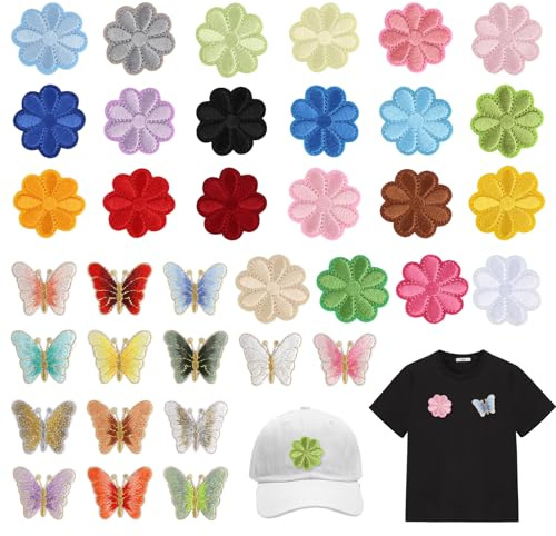 AILUYA 36 Stück Patches zum Aufbügeln, Bestickte Flicken zum Aufbügeln Kinder, Bügelflicken Blumen Schmetterling, Bügelbilder für Textilien, Aufbügel Patches für Jeans, Jacken, Hüte