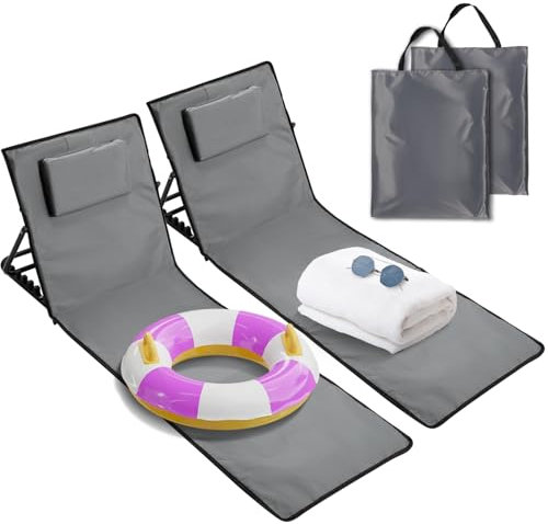 Ollewiellan Lot de 2 chaises longues de plage pliables légères avec dossier avec coussin et compartiment de rangement - Tapis de soleil pliable pour la plage - Avec sac de transport - Chaise de plage
