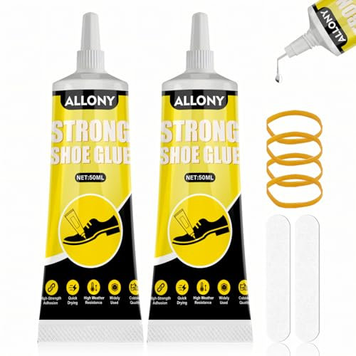 Allony Colla per Scarpe, Colla Suola Scarpes con 4 Elastici, 2 Dischi Lucidanti, Collaa per Calzolaio, Adatto per Scarp in Pelle, Scarpes Sportive, Scarpe Casual, Trasparente e Impermeabile, 50ml*2