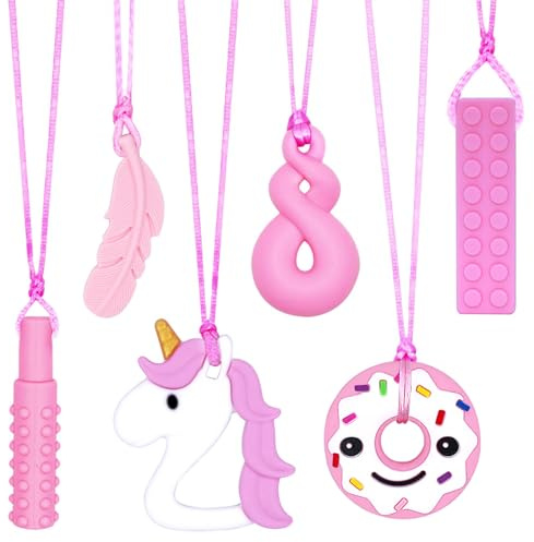 Lot de 4 Colliers Sensoriels à Mâcher pour Enfants Autistes/TDAH/Adultes | Pendentifs en Silicone Sans BPA (Costume de licorne rose) - Collier Anti-Stress Enfant 3-11 Ans - Machouilleur Sensoriel